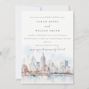 Detroit Michigan Watercolor Scape Wedding Shower Invitation