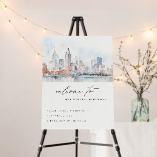 Detroit Michigan Watercolor Scape Wedding Welcome Foam Board