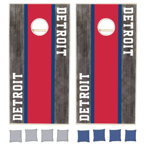 Detroit Michigan Wood Red Navy Blue White Stripes Cornhole Set