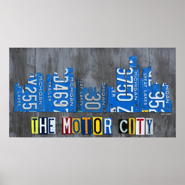 Detroit Motor City License Plate Skyline Poster (Front)