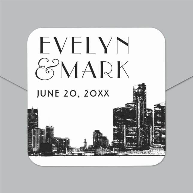 Detroit Skyline Art Deco Monogram Wedding Square Sticker (Creator Uploaded)