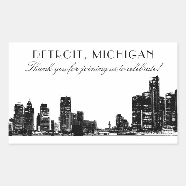 Detroit Skyline Art Deco Thank You Wedding Rectangular Sticker (Front)