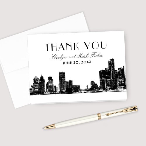 Detroit Skyline Art Deco Wedding Monogram Thank You Card