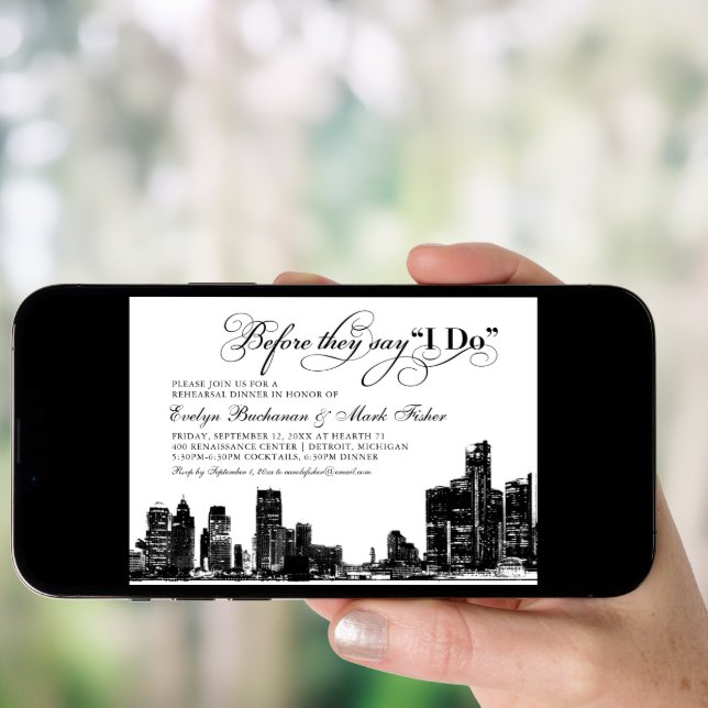 Detroit Skyline Art Deco Wedding Rehearsal Dinner Invitation (Front Digital)