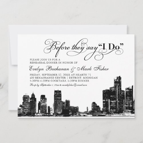Detroit Skyline Art Deco Wedding Rehearsal Dinner Invitation