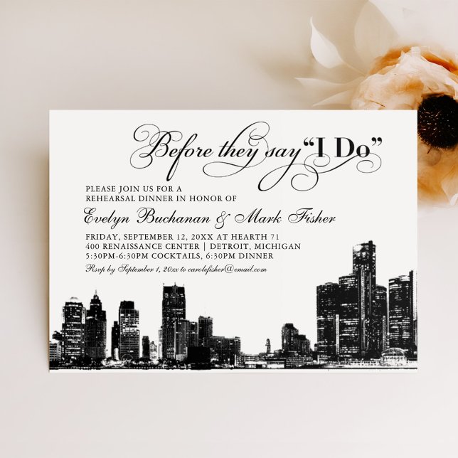 Detroit Skyline Before They Say I Do Rehearsal Invitation (Creator Uploaded)