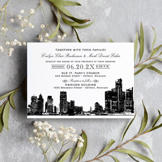 Detroit Skyline Black and White Wedding Invitation (Creator Uploaded)