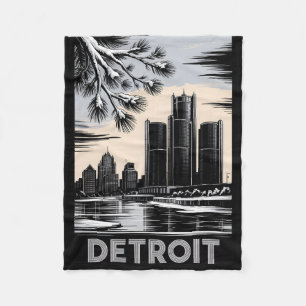 Detroit Skyline Black and White Woodcut Winter Fleece Blanket