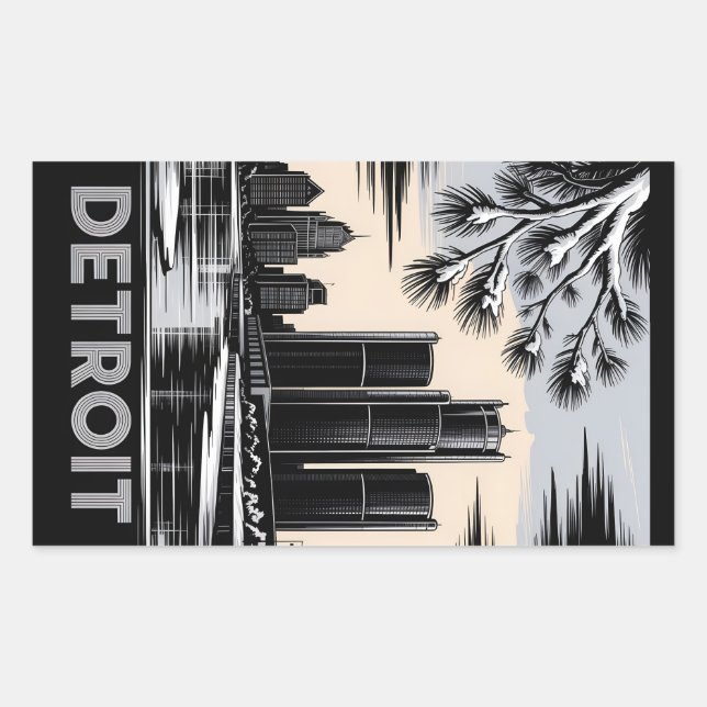 Detroit Skyline Black and White Woodcut Winter Rectangular Sticker (Front)