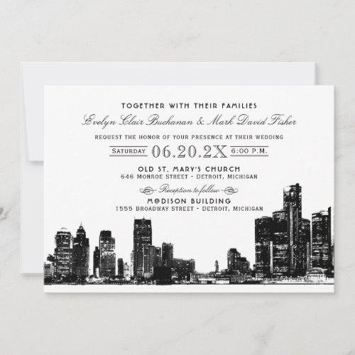 Detroit Skyline Black Art Deco Wedding Invitation