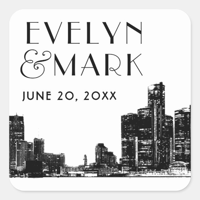 Detroit Skyline Black Art Deco Wedding Monogram Square Sticker (Front)