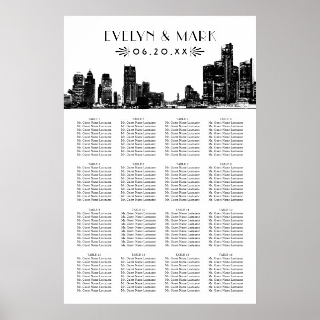 Detroit Skyline Black Art Deco Wedding Seating Poster (Front)