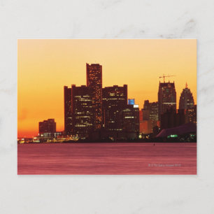 Detroit skyline in colorful sunset postcard