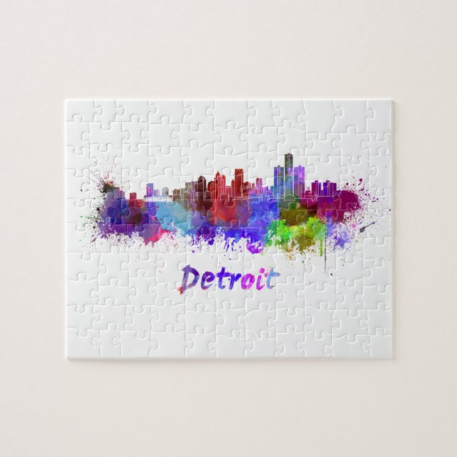 Detroit skyline in watercolor jigsaw puzzle (Horizontal)