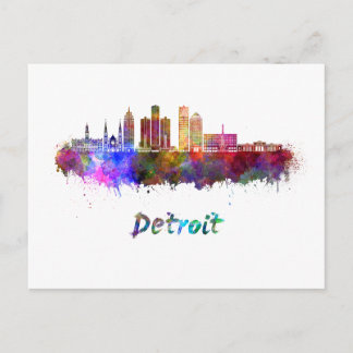 Detroit skyline in watercolor postcard