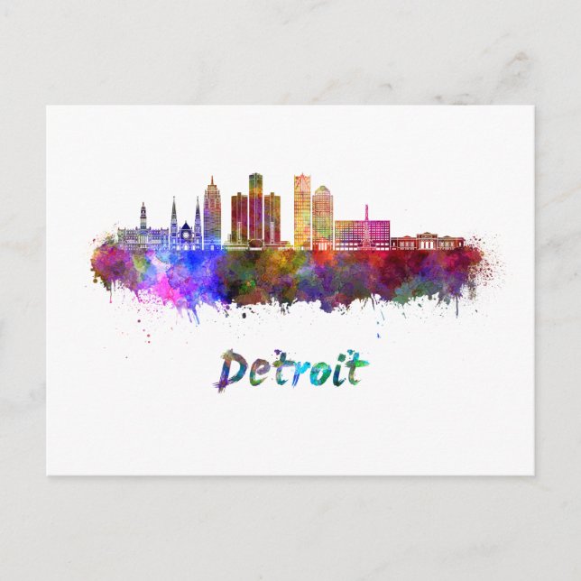 Detroit skyline in watercolor postcard (Front)