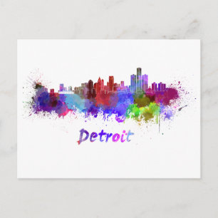 Detroit skyline in watercolor postcard