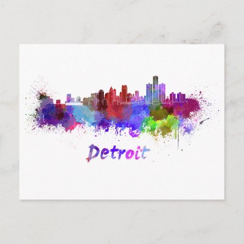 Detroit skyline in watercolor postcard