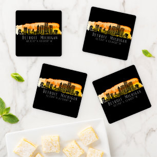 Detroit Skyline Latitude and Longitude Coaster Set