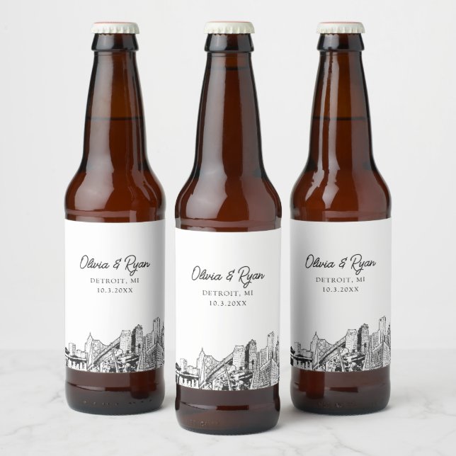Detroit Skyline Personalized  Beer Bottle Label (Bottles)
