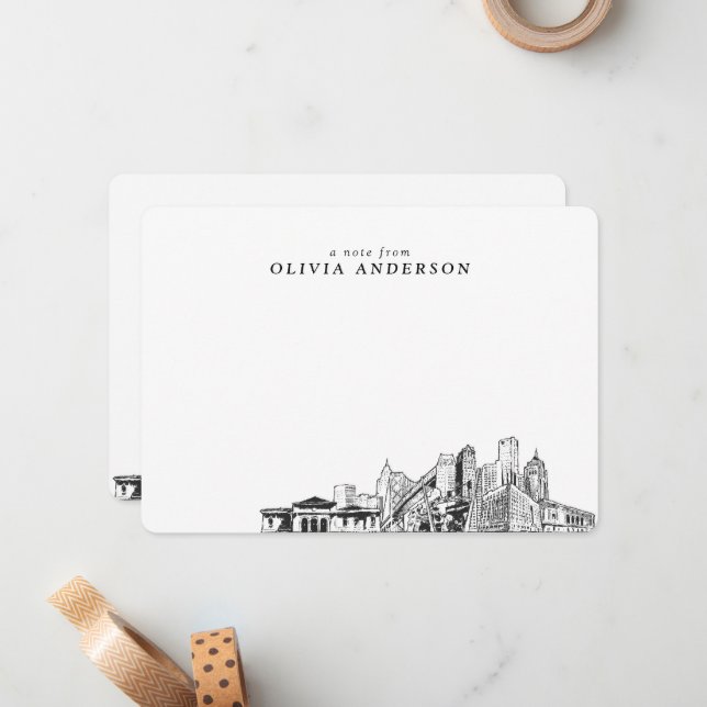 Detroit Skyline Sketch Personalized Note Cards (Front/Back In Situ)