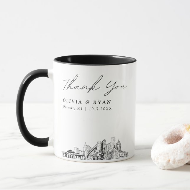 Detroit Skyline Sketch Simple Custom Wedding Mug (With Donut)