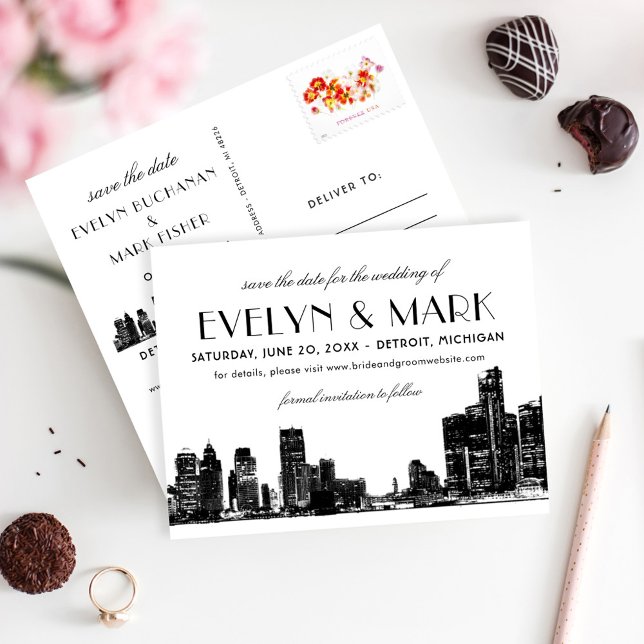 Detroit Skyline Wedding Save the Date Announcement Postcard (Creator Uploaded)