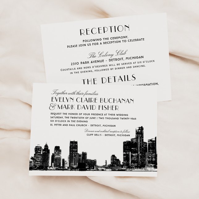 Detroit Skyline Wedding with Information on Back Invitation (Creator Uploaded)