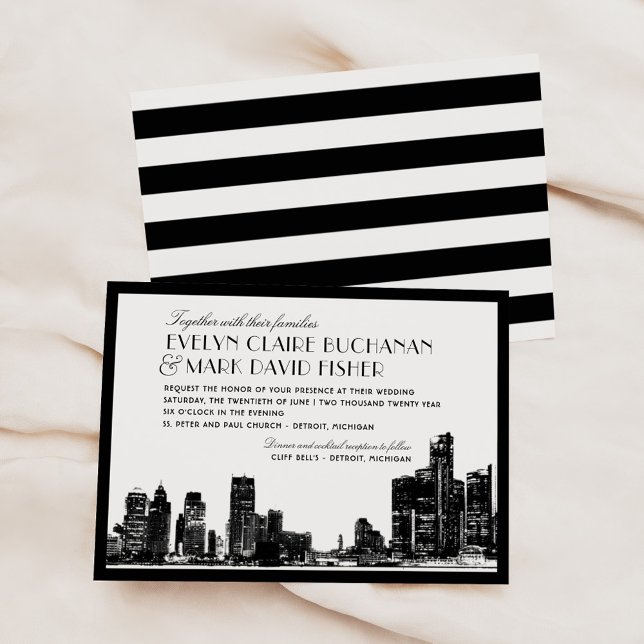 Detroit Skyline Wedding with Striped Back Invitation (Creator Uploaded)
