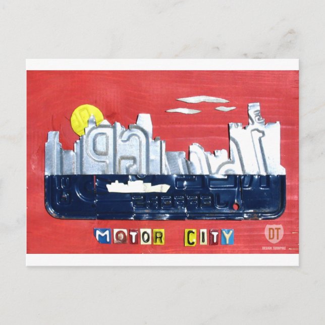 Detroit The Motor City Skyline License Plate Art Postcard (Front)