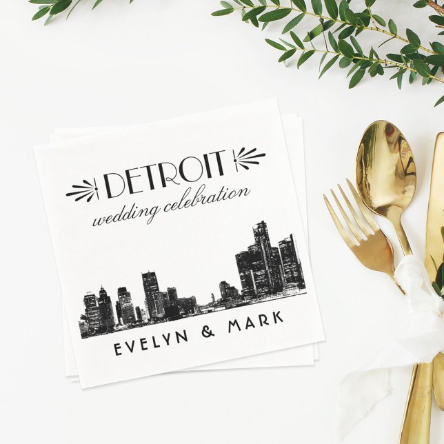 Detroit Wedding Celebration Black Skyline Paper Napkins (Creator Uploaded)