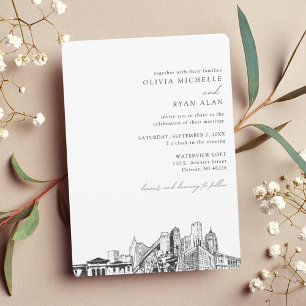 Detroit Wedding Custom Skyline Sketch Invitation
