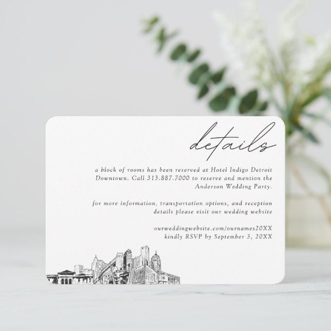 Detroit Wedding Hotel Room Block Details Small Enclosure Card (Standing Front)
