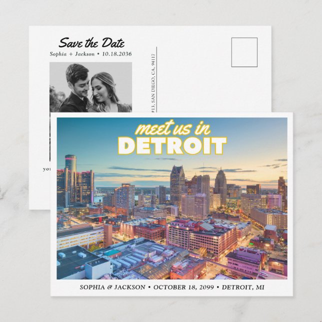 Detroit Wedding Save the Date Skyline Postcard (Front/Back)