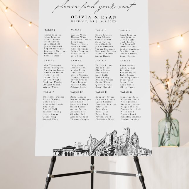Detroit Wedding Seating Chart 24x36 with 12 Tables Foam Board (In Situ (Stand))