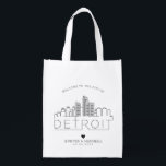 Detroit Wedding | Stylized Skyline Grocery Bag<br><div class="desc">A unique wedding bag for a wedding taking place in the beautiful city of Detroit.  This bag features a stylized illustration of the city's unique skyline with its name underneath.  This is followed by your wedding day information in a matching open lined style.</div>