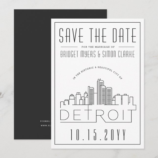 Detroit Wedding | Stylized Skyline Save the Date Invitation (Front/Back)