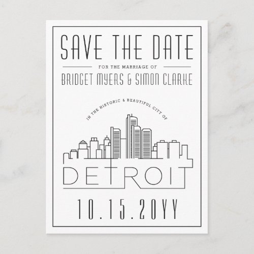 Detroit Wedding  Stylized Skyline Save the Date Postcard