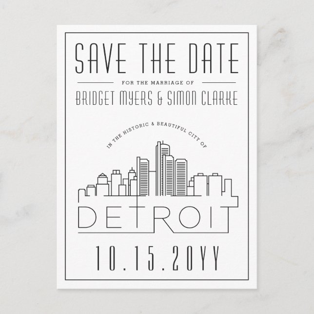 Detroit Wedding | Stylized Skyline Save the Date Postcard (Front)