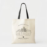 Detroit Wedding | Stylized Skyline Tote Bag<br><div class="desc">A unique wedding tote bag for a wedding taking place in the historic city of Detroit.  This tote features a stylized illustration of the city's unique skyline with its name underneath.  This is followed by your wedding day information in a matching open lined style.</div>