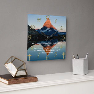 Deuteronomy 31:8 Christian Faith moutain lake Square Wall Clock