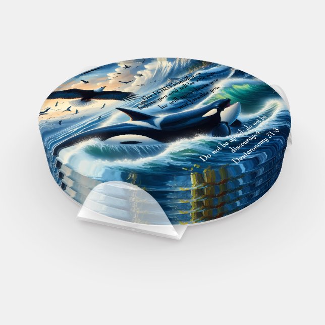 Deuteronomy 31:8 Christian ocean with a sunset   Coaster Set (Set)