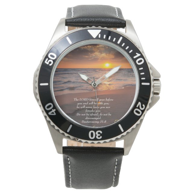 Deuteronomy 31:8 Christian ocean with a sunset   Watch (Front)
