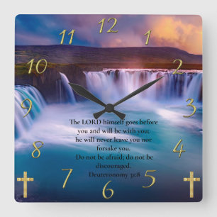 Deuteronomy 31:8 Gold Christian Faith Prayer Square Wall Clock