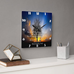 Deuteronomy 31:8 tree in a field with blue sky square wall clock