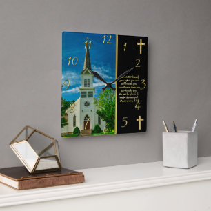  Deuteronomy 31:8 White Church    Square Wall Clock
