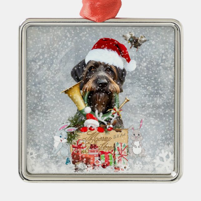 Deutsch Drahthaar, Merry Christmas! Metal Ornament (Front)