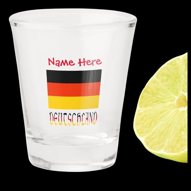 Deutschland German Flag Red Personalization  Shot Glass (German Flag on shot glass with the word DEUTSCHLAND below in colors of flag. Name in red above.)