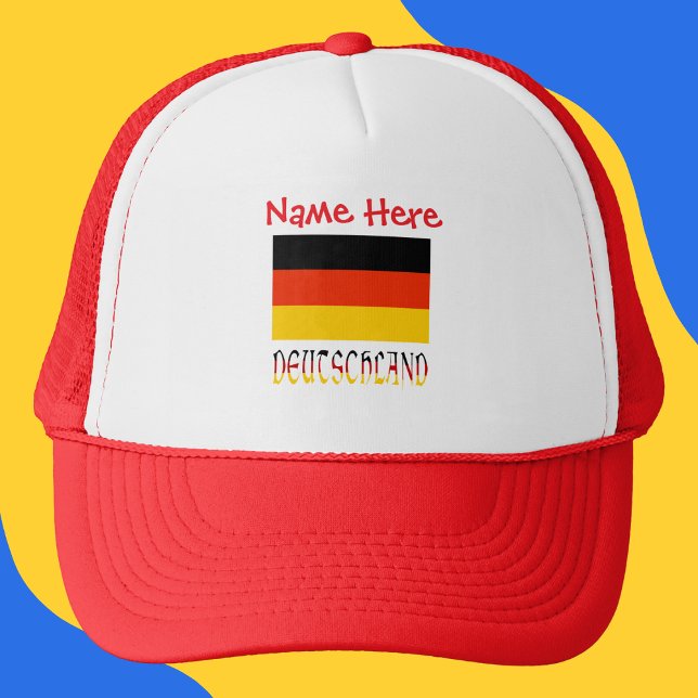 Deutschland German Flag Red Personalization  Trucker Hat (Personalized trucker hat with German flag and the word DEUTSCHLAND below in flag colors.)