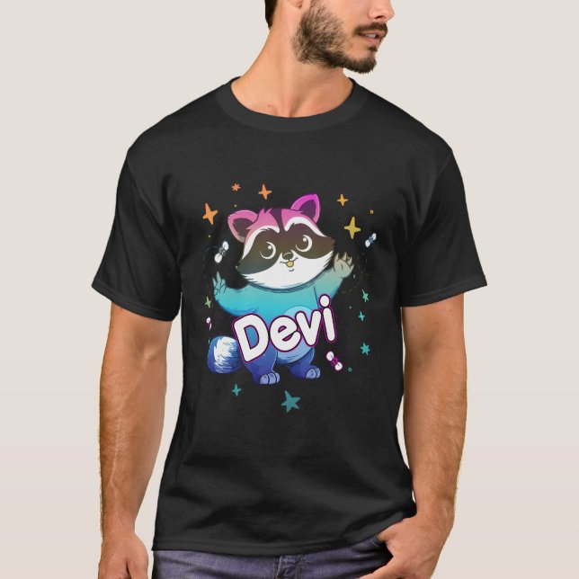 Devi - Cute Boy Name With Cool Raccoon T-Shirt (Front)